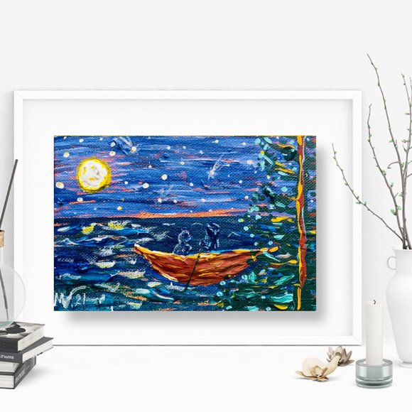 Canoe night Lovers Couple Nautical Painting Original Art Small 9x12 Acrylic Wall - Picture 5 of 8